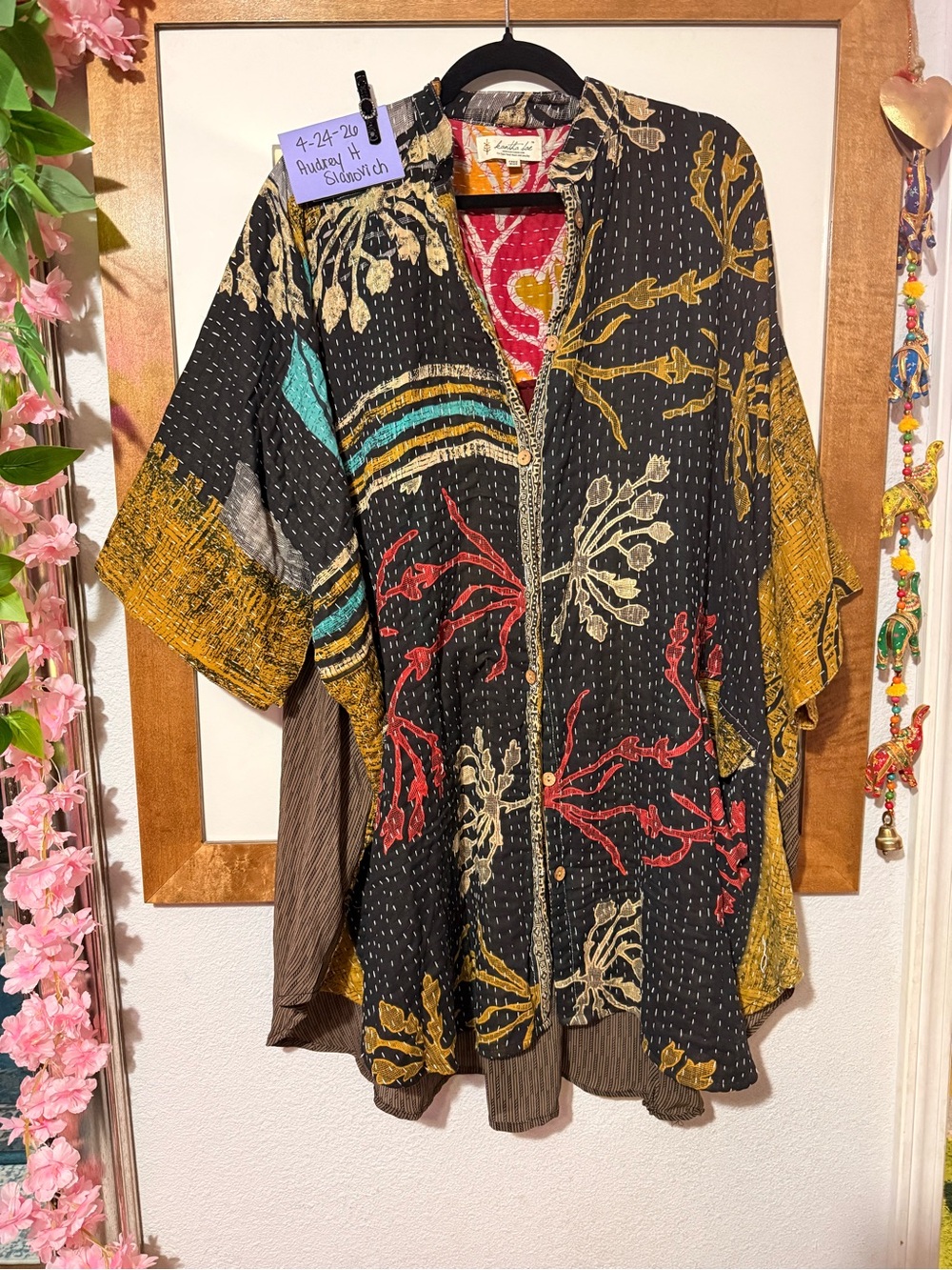 Kantha Bae Free to Be Boho Black Floral Patchwork Button-Up Kimono